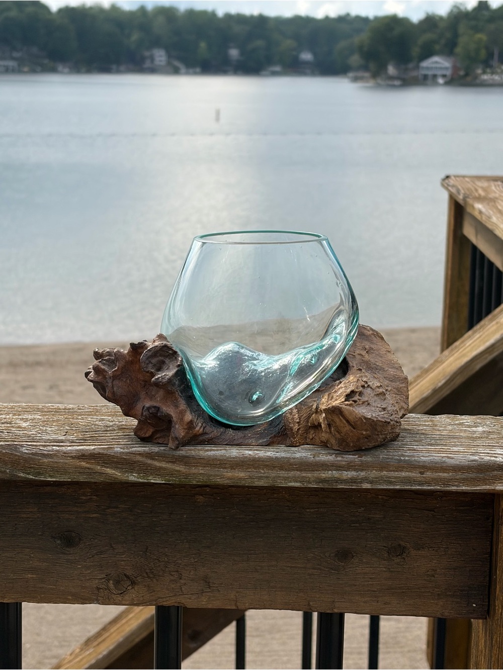 Vtg Organic Modern Burl Wood & Hand Blown Glass Terrarium Bowl MCM Studio Decor - Picture 5 of 8